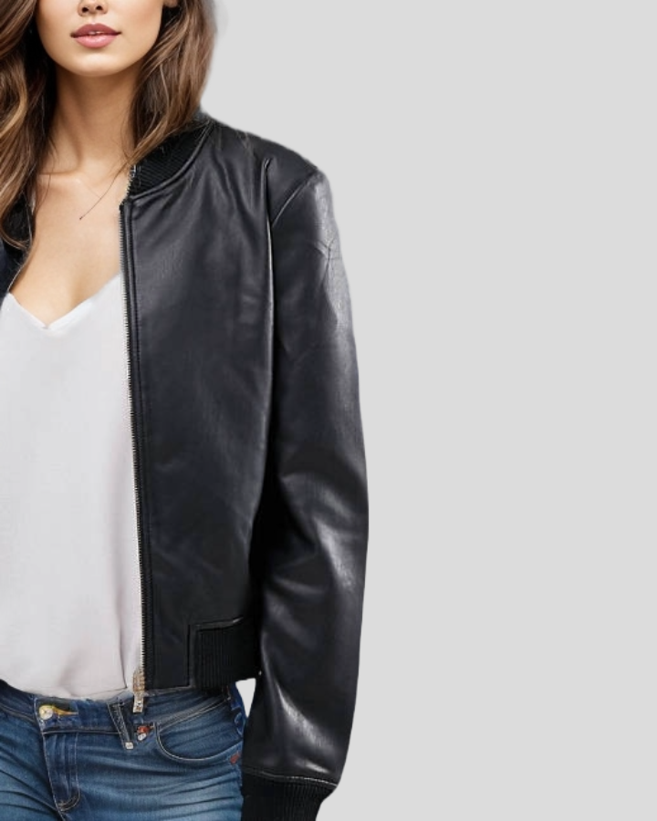 Urban Black Bomber Leather Jacket with Ribbed Cuffs and Hem 1