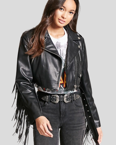 Lori Black Biker Fringes Leather Jacket 2