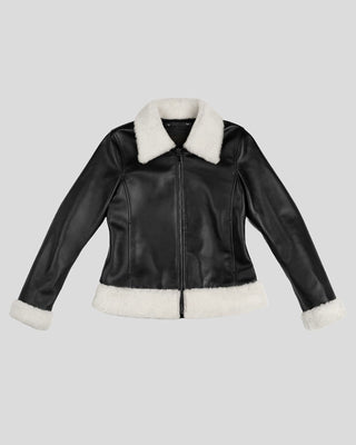Women's Cosmopolitan Contrast Sherpa Collar Black Leather Flight Jacket