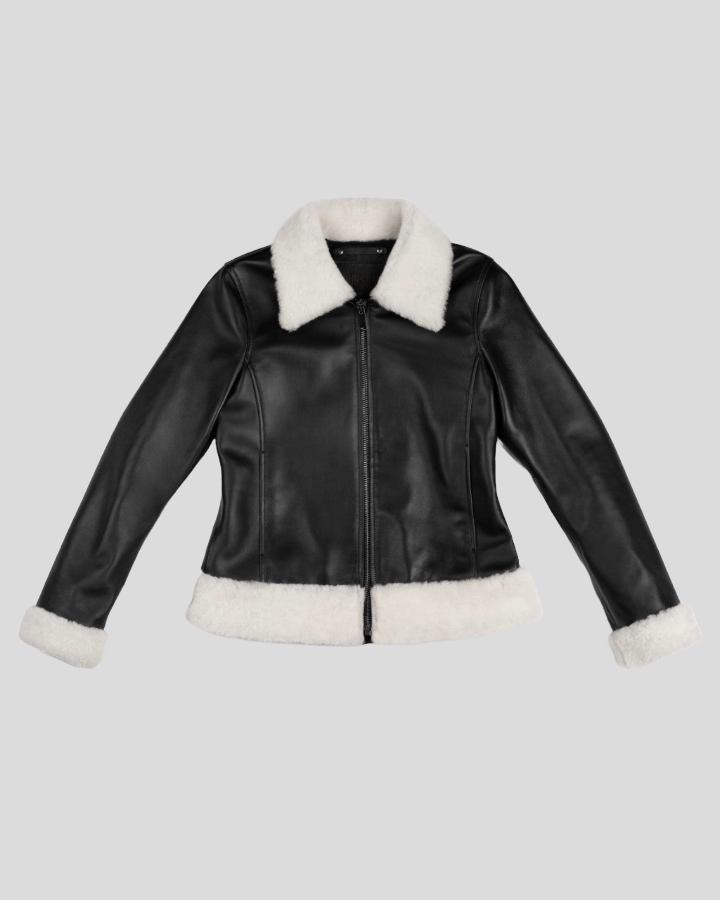 Cosmopolitan Contrast Sherpa Collar Black Leather Flight Jacket