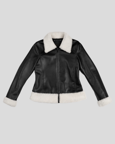 Cosmopolitan Contrast Sherpa Collar Black Leather Flight Jacket 2