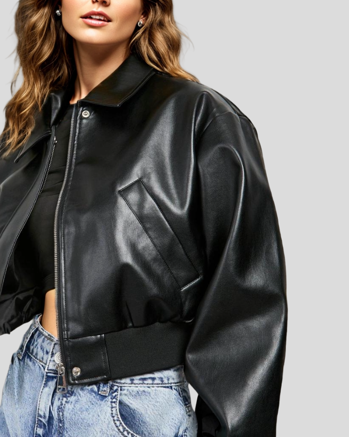 Women s Oversized Cropped Black Leather Bomber Jacket Urban Chic Streetwear