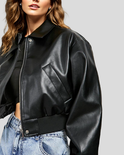 City Sleek Oversized Cropped Black Leather Bomber Jacket 1