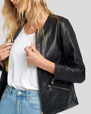 Women's Chic Noir Crew Neck Black Racer Leather Jacket