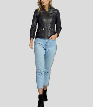 Women's Chic Noir Crew Neck Black Racer Leather Jacket – view 2