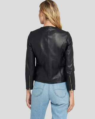 Women's Chic Noir Crew Neck Black Racer Leather Jacket – view 3