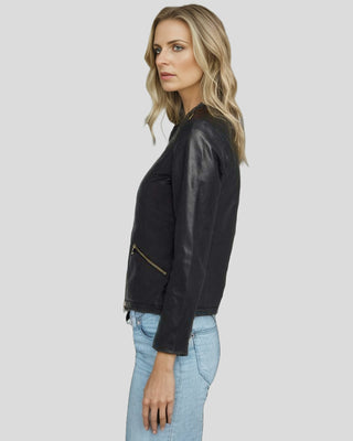 Women's Chic Noir Crew Neck Black Racer Leather Jacket – view 4
