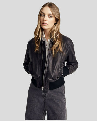 Women's Sleek Cropped Black Leather Bomber Jacket