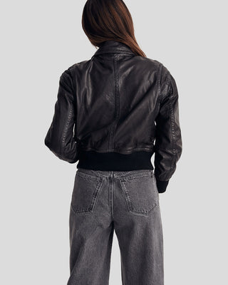 Women's Sleek Cropped Black Leather Bomber Jacket – view 3