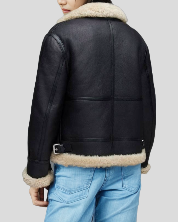 Women s Arctic Chic Black Leather Flight Jacket with Sherpa NYC