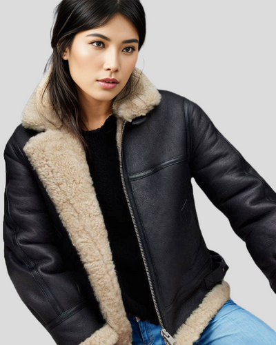 Arctic Chic Leather Flight Black Leather Jacket with Sherpa Lining