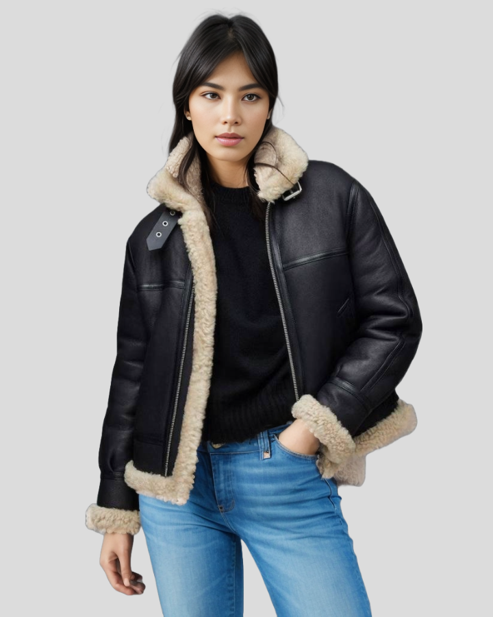 Arctic Chic Leather Flight Black Leather Jacket with Sherpa Lining