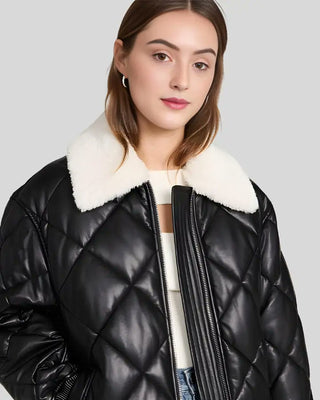 Women's Nordic Luxe Quilted Black Bomber Leather Jacket with Shearling Collar