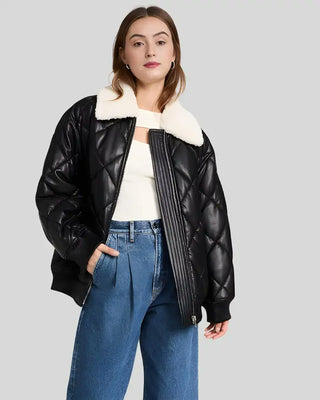 Women's Nordic Luxe Quilted Black Bomber Leather Jacket with Shearling Collar – view 2
