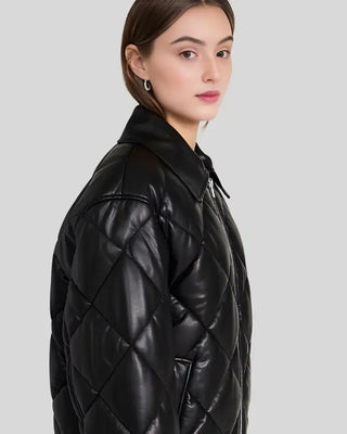 Women's Nordic Luxe Quilted Black Bomber Leather Jacket with Shearling Collar – view 3