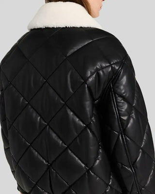 Women's Nordic Luxe Quilted Black Bomber Leather Jacket with Shearling Collar – view 4