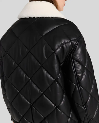Nordic Luxe Quilted Black Bomber Leather Jacket with Shearling Collar