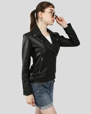Women's Azaria Black Motorcycle Leather Jacket – view 2
