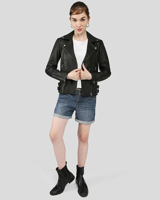 Women's Azaria Black Motorcycle Leather Jacket – view 7