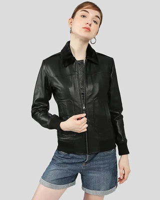 Women's Gemma Black Bomber Leather Jackets with Fur – view 2