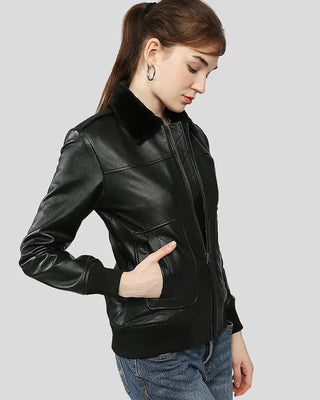 Women's Gemma Black Bomber Leather Jackets with Fur