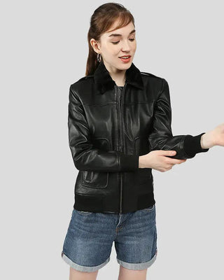 Women's Gemma Black Bomber Leather Jackets with Fur – view 4