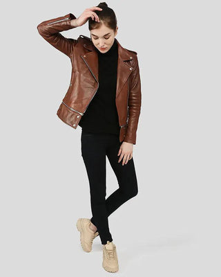 Women's Letitia Brown Biker Leather Jacket – view 6