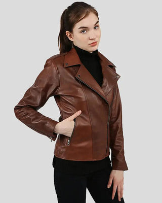 Women's Filippa Brown Biker Leather Jacket – view 2