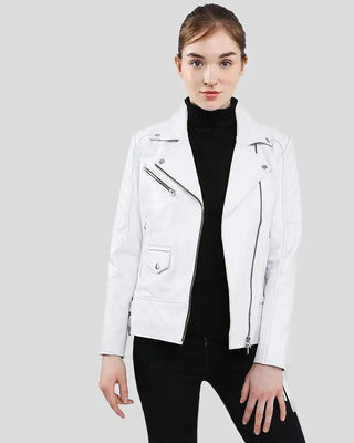 Women's Layla White Fringe Biker Leather Jacket – view 2