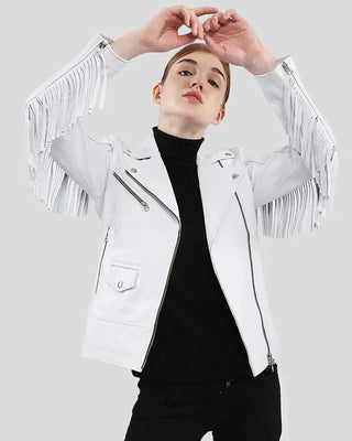 Women's Layla White Fringe Biker Leather Jacket