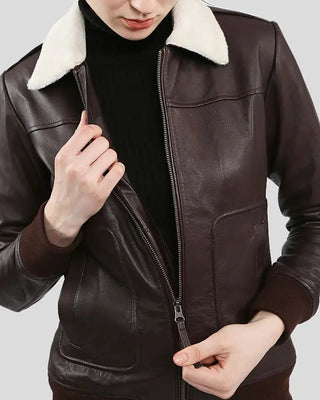 Women's Thalia Brown Bomber Leather Jacket with Fur – view 3