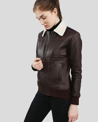 Women's Thalia Brown Bomber Leather Jacket with Fur