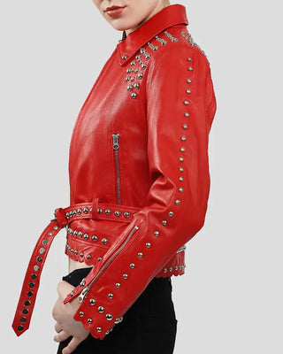 Women's Isabel Red Studded Leather Jacket – view 4