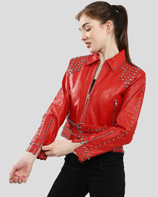 Women's Isabel Red Studded Leather Jacket – view 2