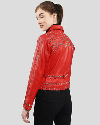Women's Isabel Red Studded Leather Jacket – view 6