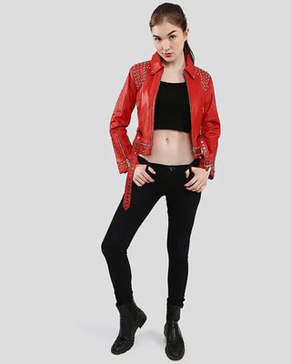 Women's Isabel Red Studded Leather Jacket – view 3