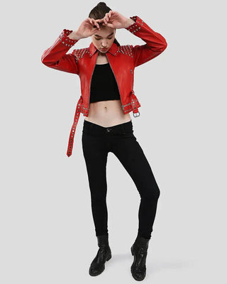Women's Isabel Red Studded Leather Jacket – view 8