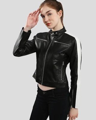 Women's Michel Black & White Racer Leather Jackets – view 2