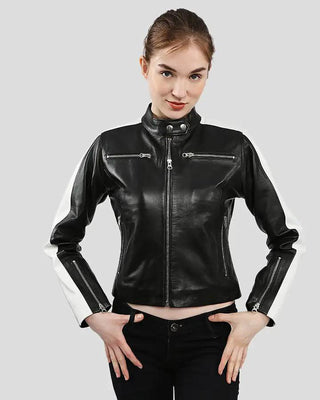 Women's Michel Black & White Racer Leather Jackets – view 4