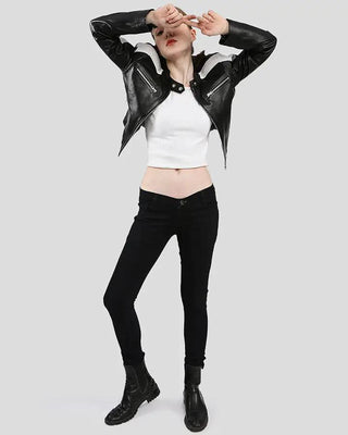 Women's Michel Black & White Racer Leather Jackets – view 5
