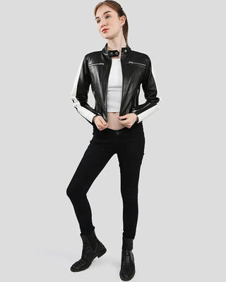 Women's Michel Black & White Racer Leather Jackets – view 7