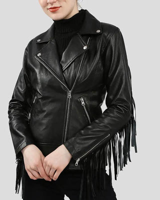 Women's Raquel Black Fringe Biker Leather Jacket – view 5