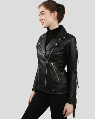 Women's Raquel Black Fringe Biker Leather Jacket – view 3