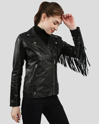 Women's Raquel Black Fringe Biker Leather Jacket – view 6
