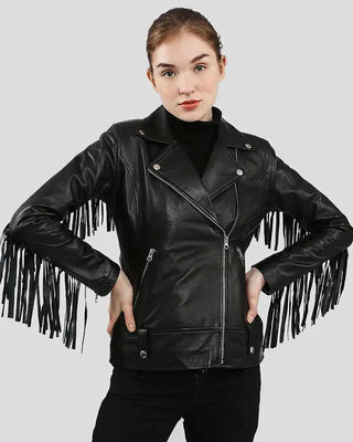 Women's Raquel Black Fringe Biker Leather Jacket – view 2