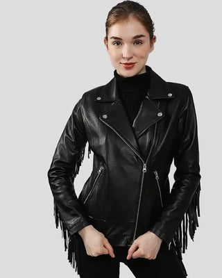 Women's Raquel Black Fringe Biker Leather Jacket
