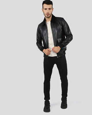 Men's Flynn Black Bomber Leather Jacket – view 7