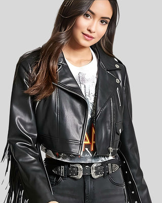 Women's Rebel Fringe Black Leather Moto Leather Jacket