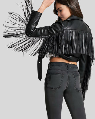 Women's Rebel Fringe Black Leather Moto Leather Jacket – view 2