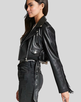 Women's Rebel Fringe Black Leather Moto Leather Jacket – view 3